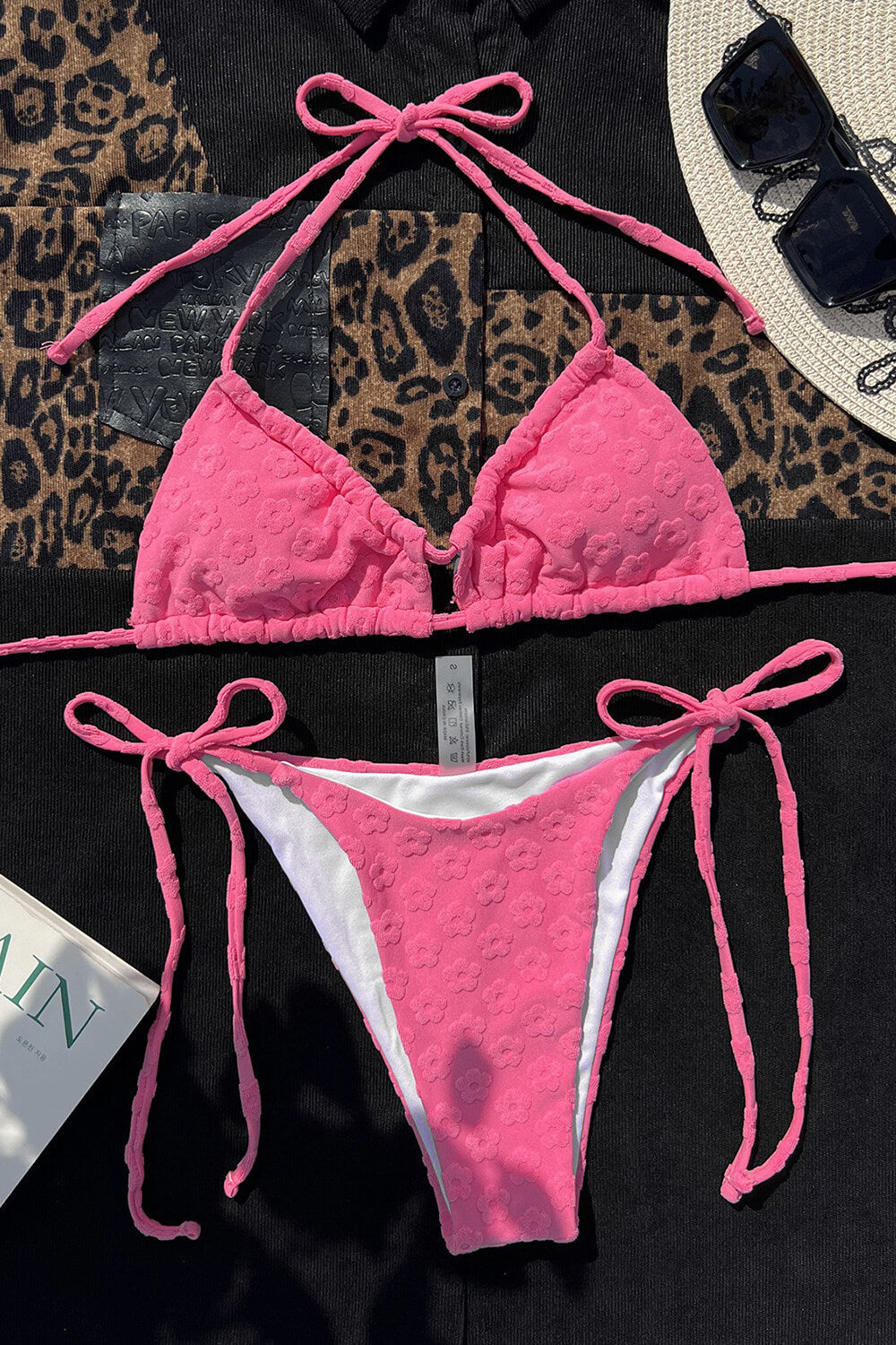 Hot Pink Floral Terry Towel Halter Tie Side Bikini Set