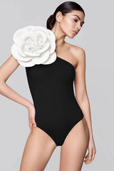 3D Flower One-Shoulder One-Piece Swimsuit - Black