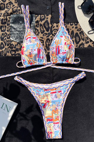 Conjunto de bikini de triángulo con doble tirante estampado