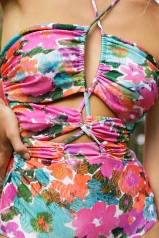 Floral Laceup Crossover Halterneck One Piece Swimsuit
