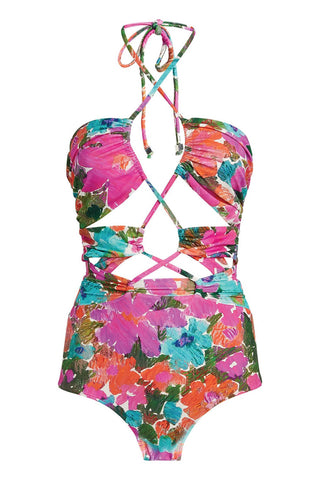 Floral Laceup Crossover Halterneck One Piece Swimsuit