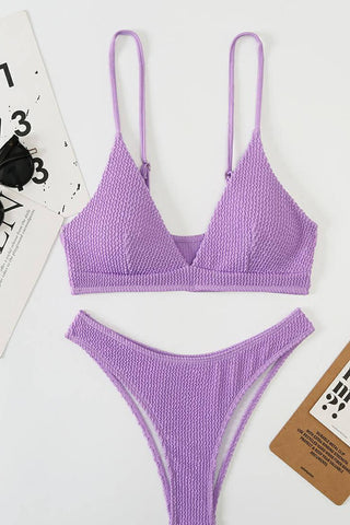 Conjunto de bikini de corte alto con bralette y escote en V arrugado