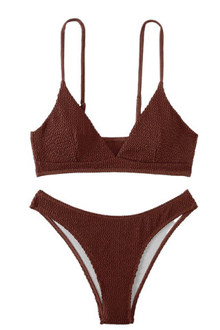 Conjunto de bikini de corte alto con bralette y escote en V arrugado