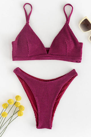 Conjunto de bikini de corte alto con bralette y escote en V arrugado