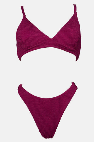 Conjunto de bikini de corte alto con bralette y escote en V arrugado