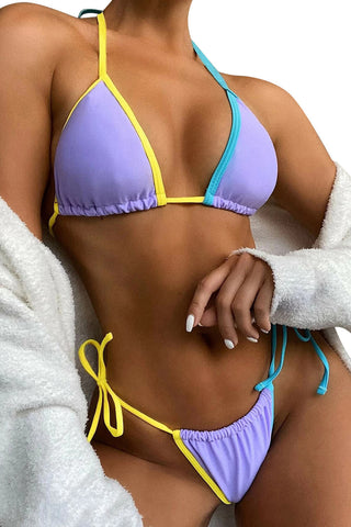 Colorblock Triangle Halter Tie Side Bikini Set