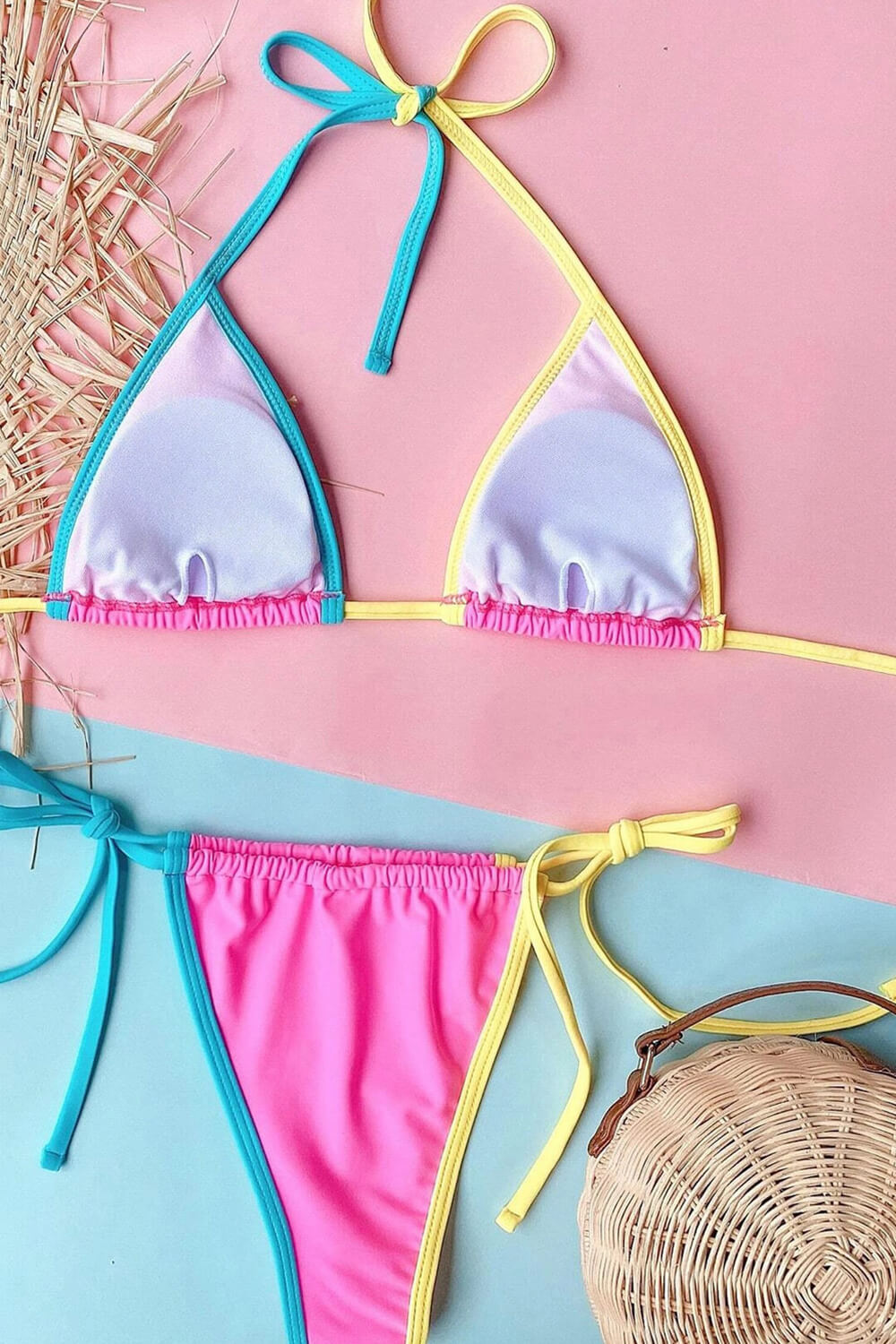 Colorblock Triangle Halter Tie Side Bikini Set