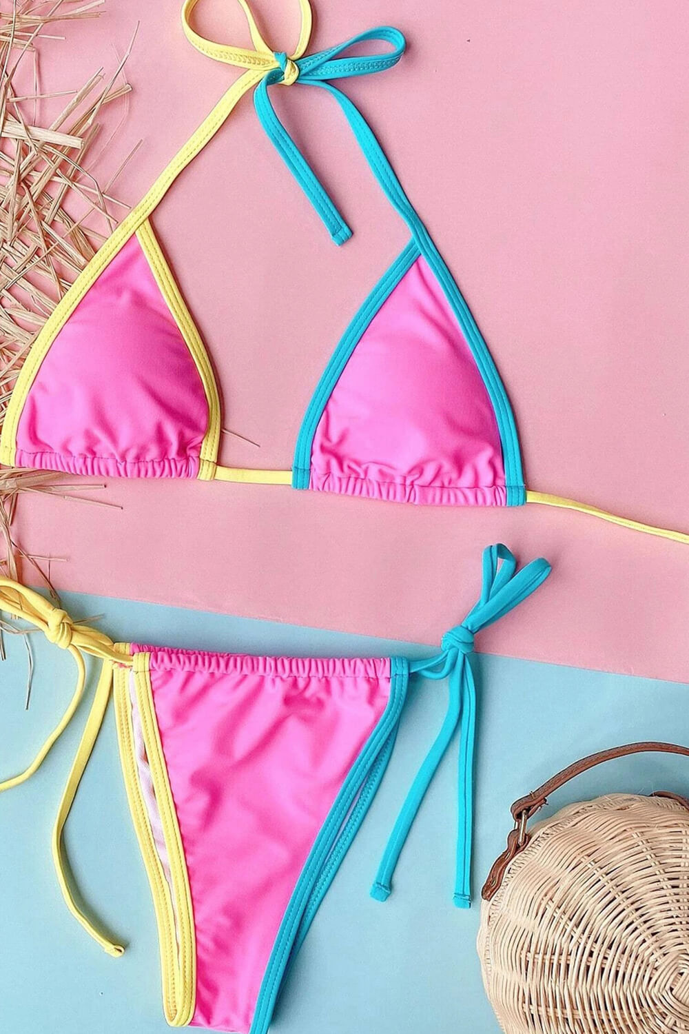 Colorblock Triangle Halter Tie Side Bikini Set