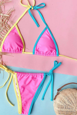 Colorblock Triangle Halter Tie Side Bikini Set