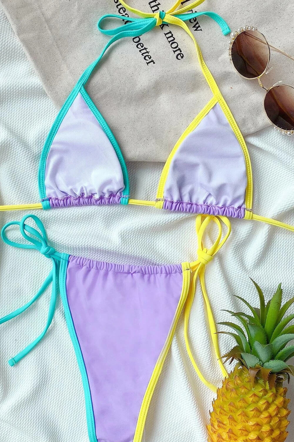 Colorblock Triangle Halter Tie Side Bikini Set