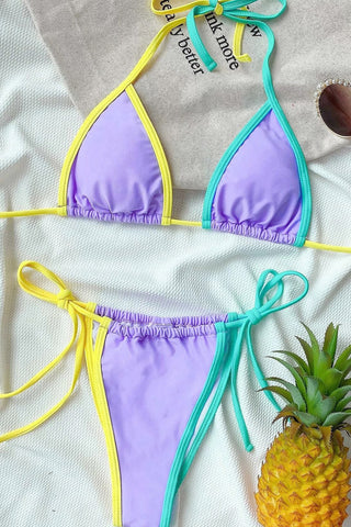 Colorblock Triangle Halter Tie Side Bikini Set