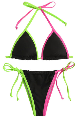 Colorblock Triangle Halter Tie Side Bikini Set