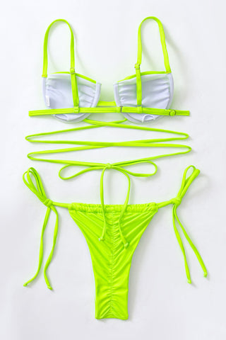 Underwire Wrap Around Tie Side Bikini Set - Lime