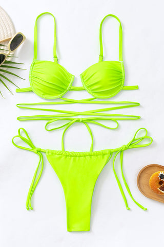 Underwire Wrap Around Tie Side Bikini Set - Lime