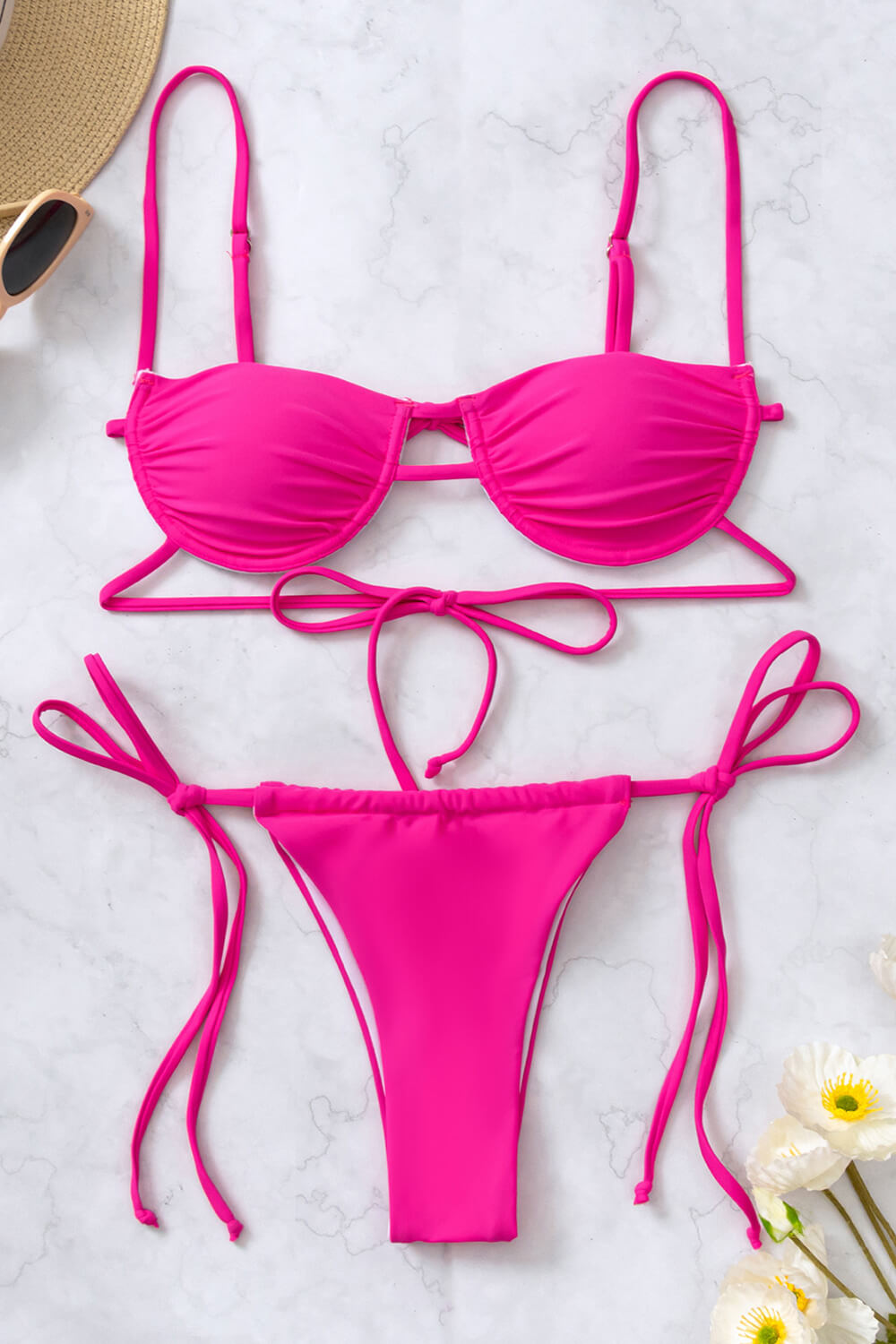 Hot Pink Underwire Cut Out Tie Side Bikini Set