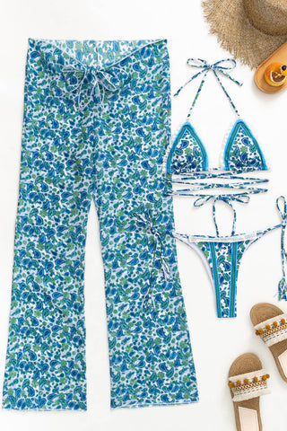 Conjunto de bikini cruzado de triángulo con lazo y estampado de cachemira con detalle de volante