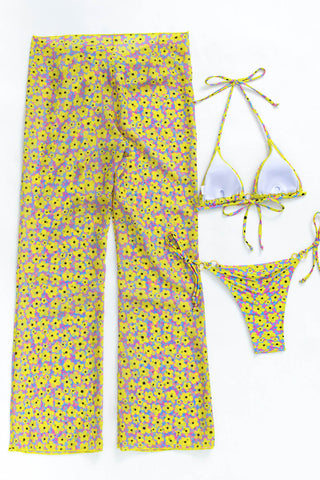 Yellow Flowers Print Triangle Ring Detailing Tie Side Bikini Set