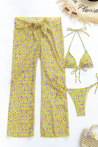 Yellow Flowers Print Triangle Ring Detailing Tie Side Bikini Set