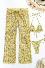 Yellow Flowers Print Triangle Ring Detailing Tie Side Bikini Set