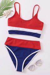 Colorblock Rib Sporty High-Waist Bikini Set - Red&White&Blue