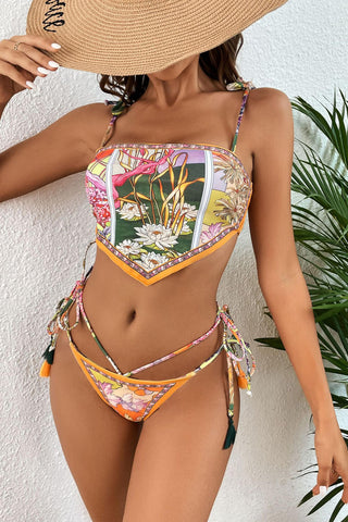 Lotus Daicy Print Bandeau Scarf String Tie Bikini Set