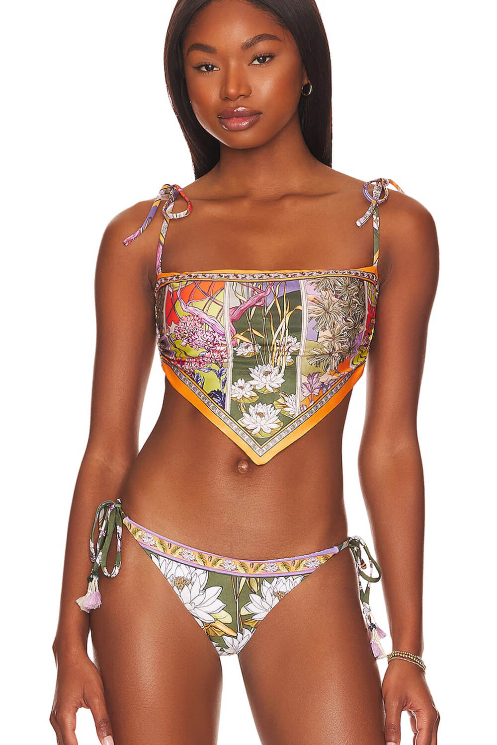 Lotus Daicy Print Bandeau Scarf String Tie Bikini Set