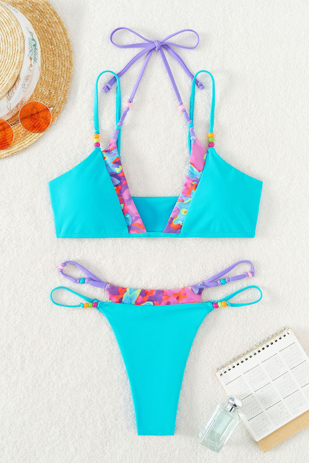 Beaded Contrast Double Layered Triangle Bikini Set