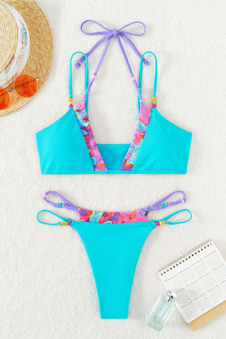 Beaded Contrast Double Layered Triangle Bikini Set