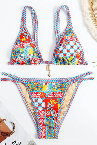 Printed Triangle Tie Back Bikini Set