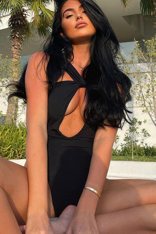 Cross-Front Halter Neck Cut Out High-Cut Brazilian One Piece Swimsuit - Black/Sienna