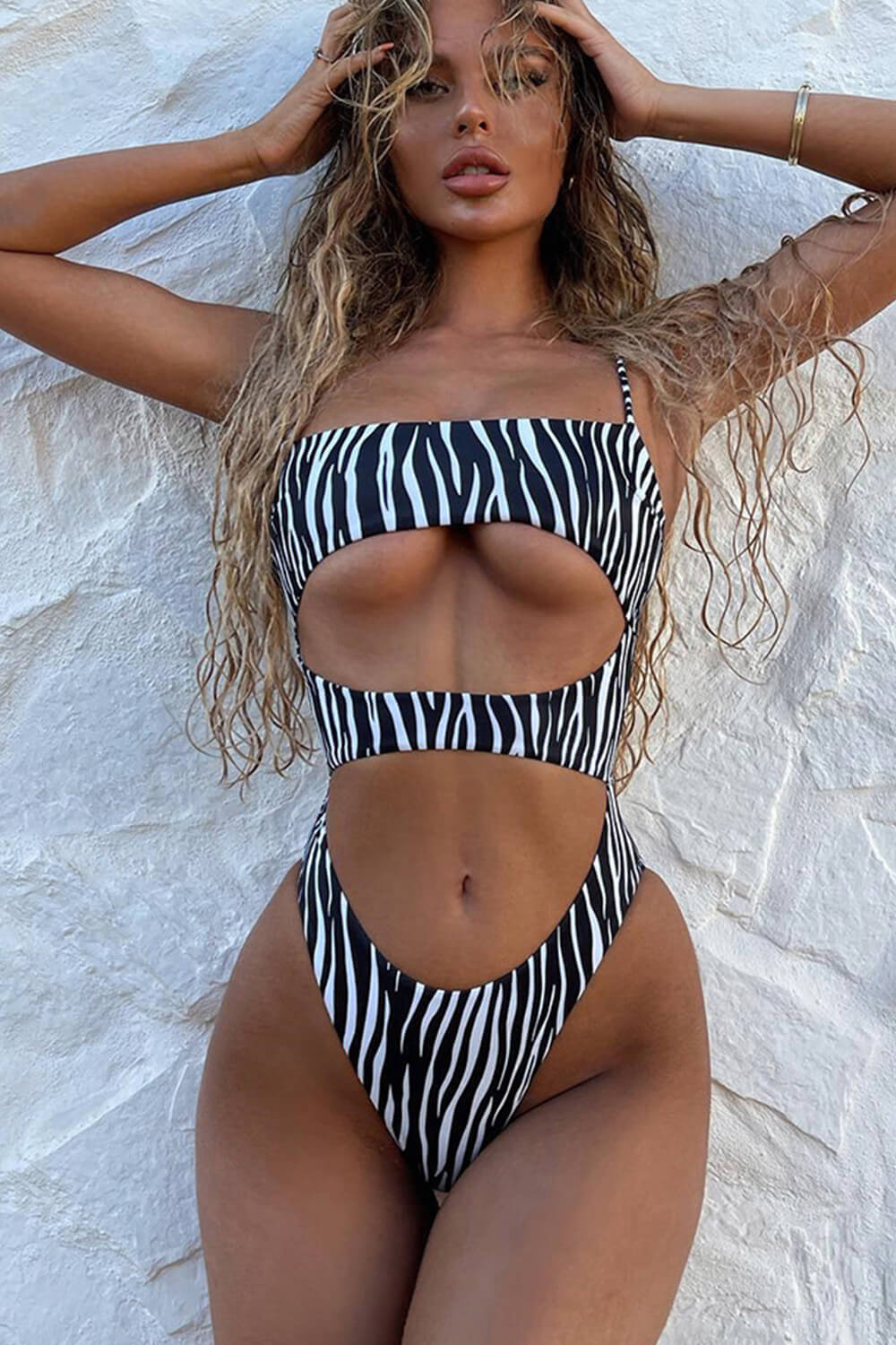 Zebra Print Cut-Out One-Piece Swimsuit