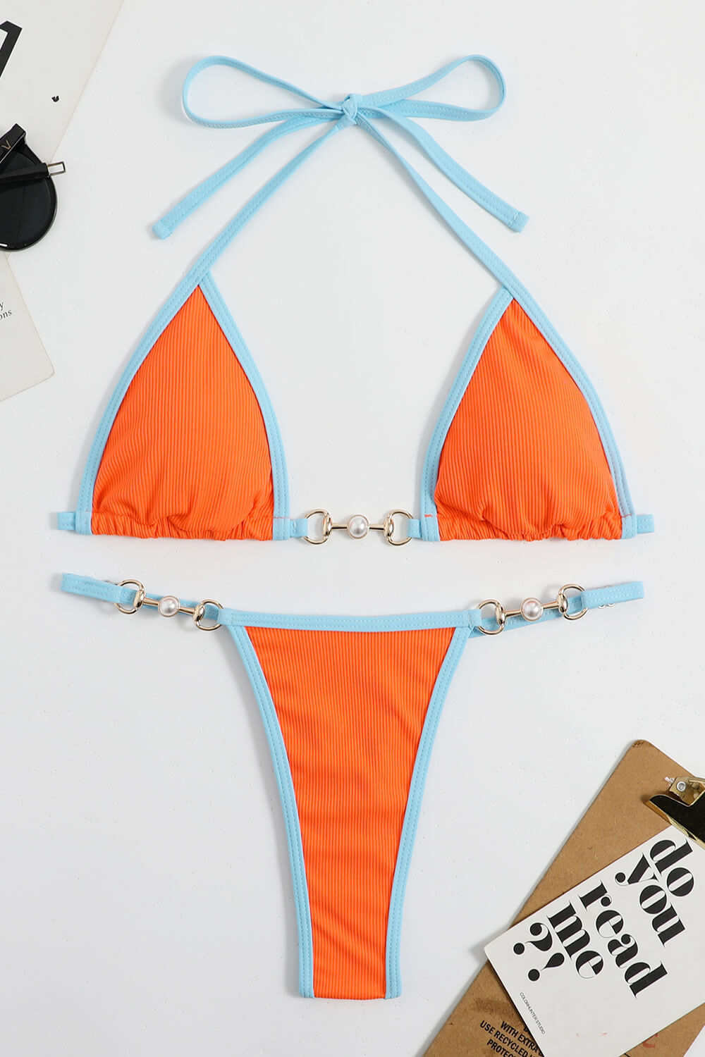 Ribbed Contrast Halter Triangle G-String Brazilian Bikini Set