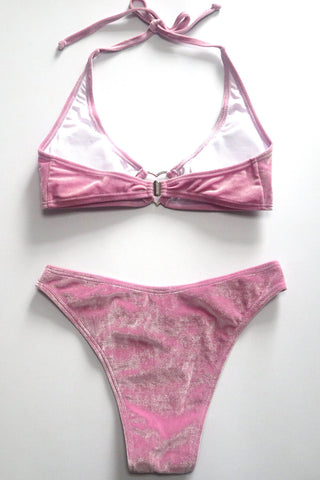 Pink Velvet Halter Bikini Set With Heart Ring Detail