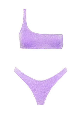 Conjunto de bikini de corte alto con un solo hombro y lúrex brillante