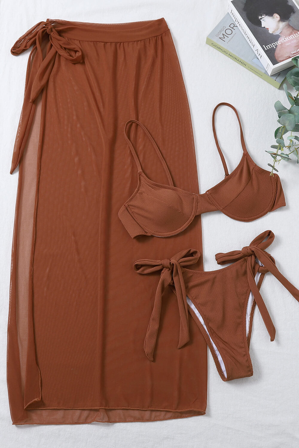 Rib Balconette Underwire Tie Side Bikini Set With Side Split Sarong Midi Skirt