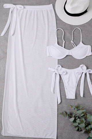 Rib Balconette Underwire Tie Side Bikini Set With Side Split Sarong Midi Skirt