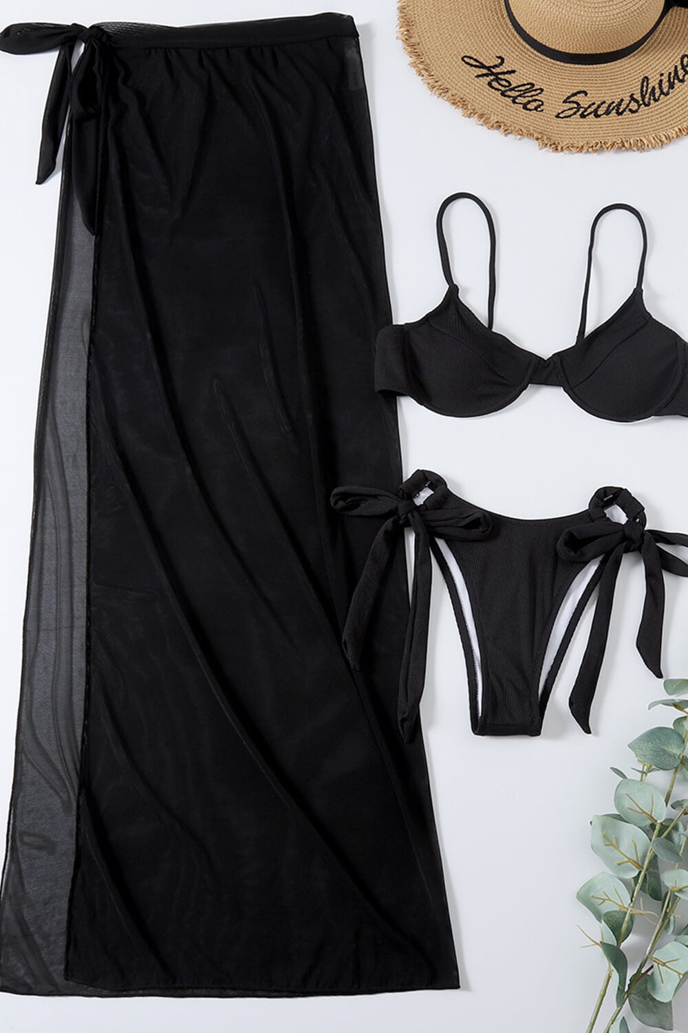 Rib Balconette Underwire Tie Side Bikini Set With Side Split Sarong Midi Skirt