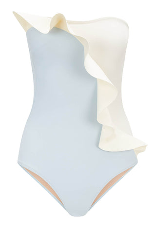 Colorblock Asymmetrical Ruffle Strapless One Piece Swimsuit