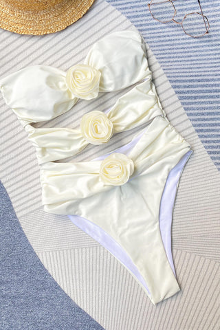 Traje de baño de una pieza sin tirantes con escote pronunciado y apliques de rosas