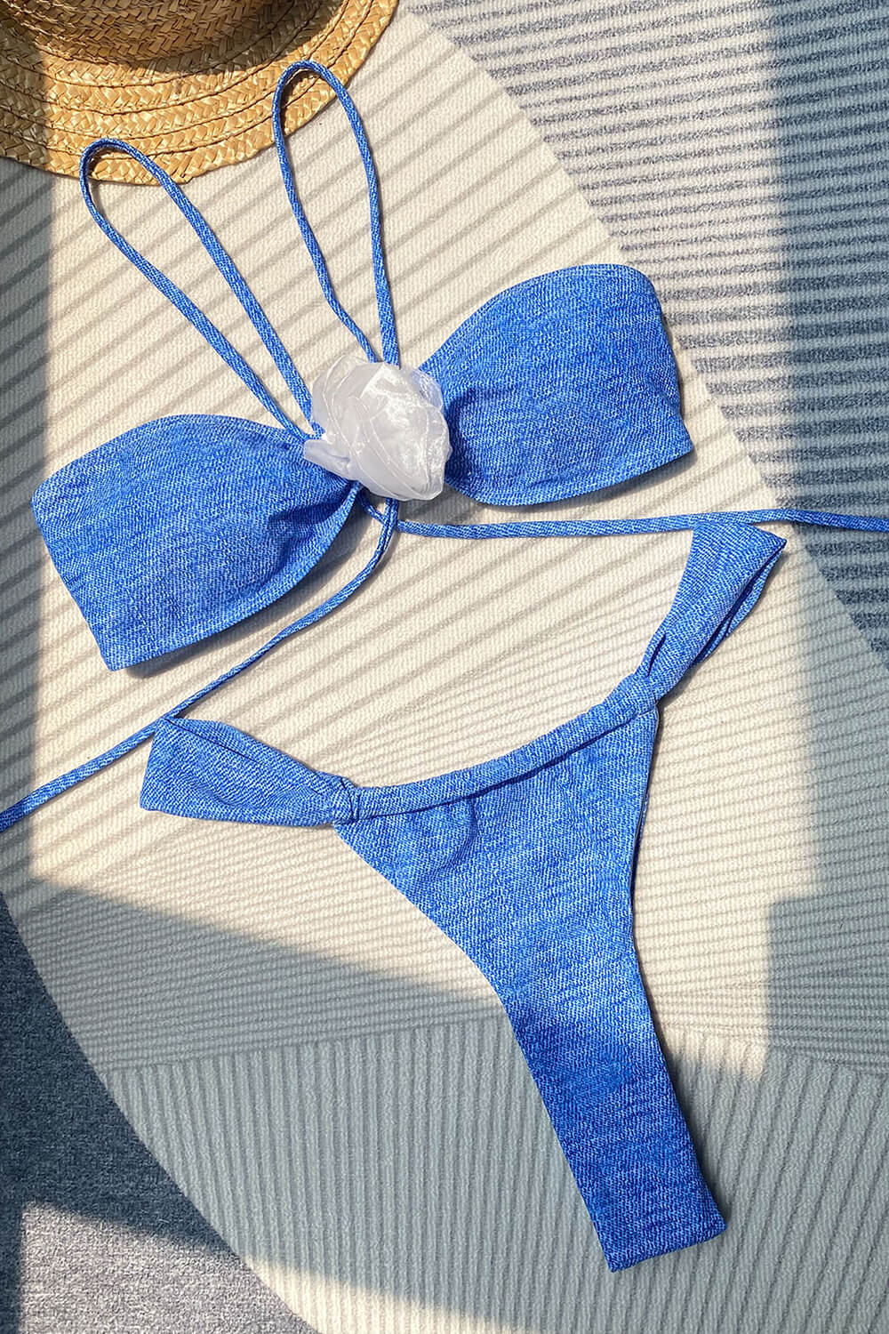 Blue Jeans Flower Wrap Tie Halter Bandeau Bikini Set