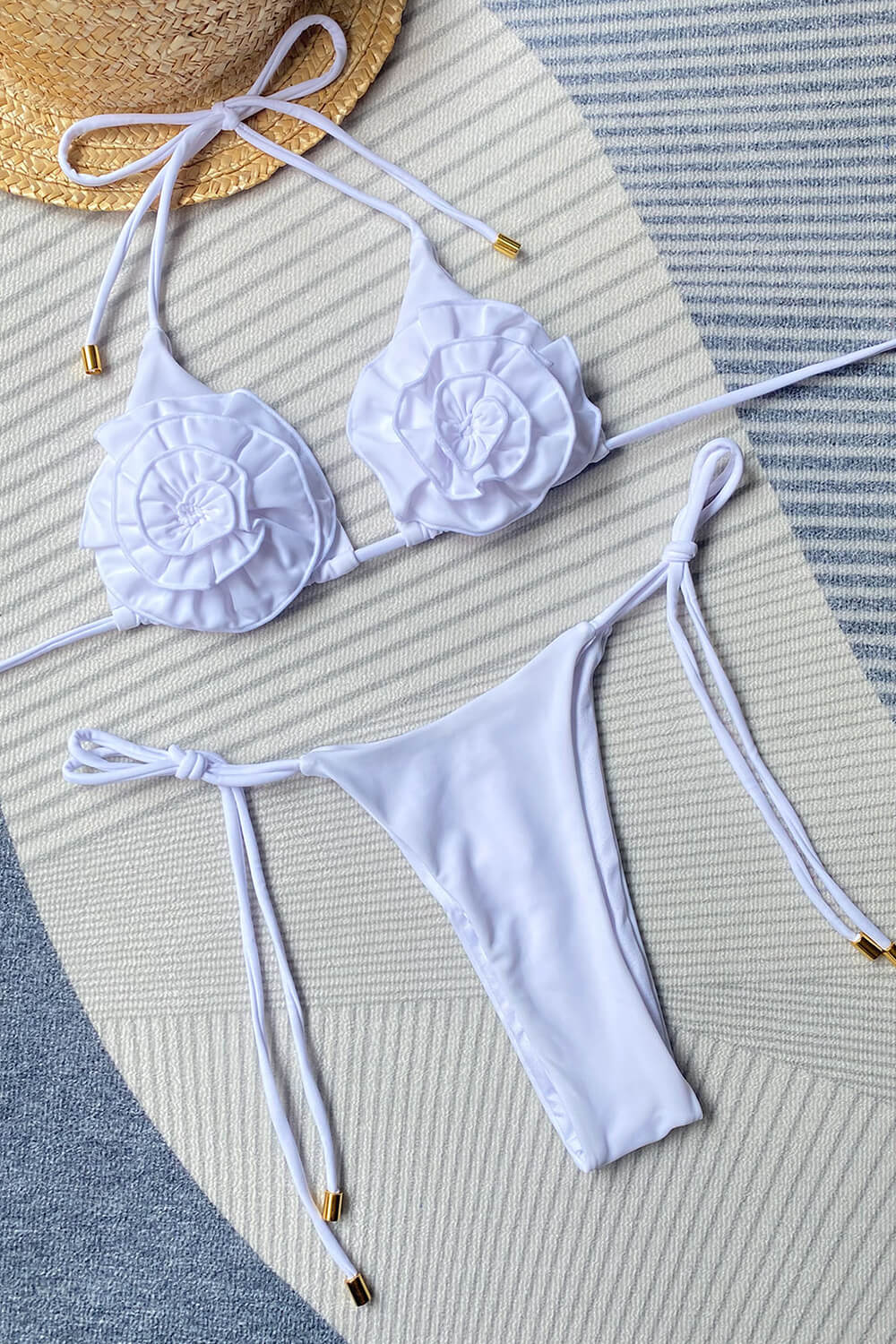 3D Floral Wrap Tie Halterneck Triangle Tie Side String Bikini Set – Kroyy