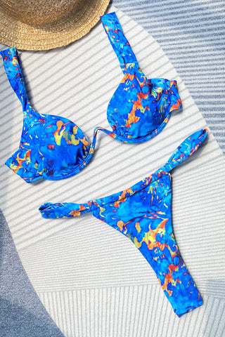Azurblaues Bügel-V-Bikini-Set mit Federmuster