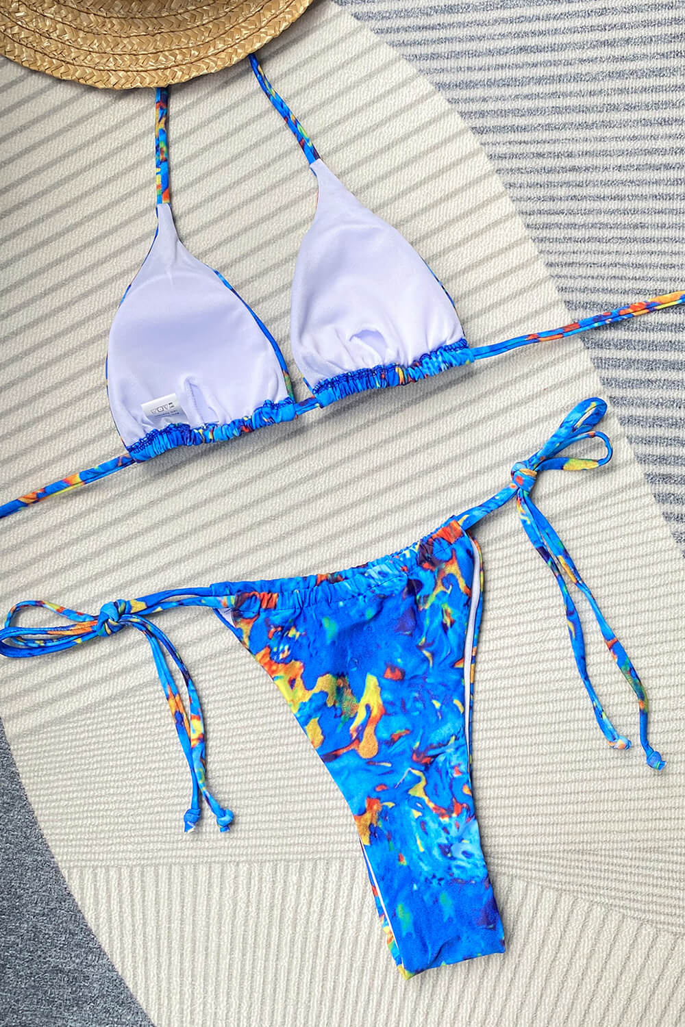 Azure Feather Print Halterneck Triangle Tie Side String Bikini Set – Kroyy