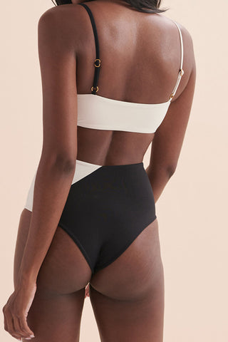 Schwarz-weißes Colorblock-Bralette-Bikini-Set mit hoher Taille