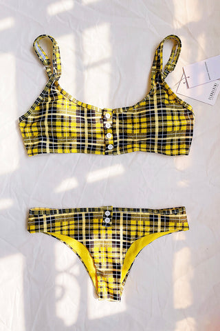 Yellow Plaid Button Front Bikini Bottom