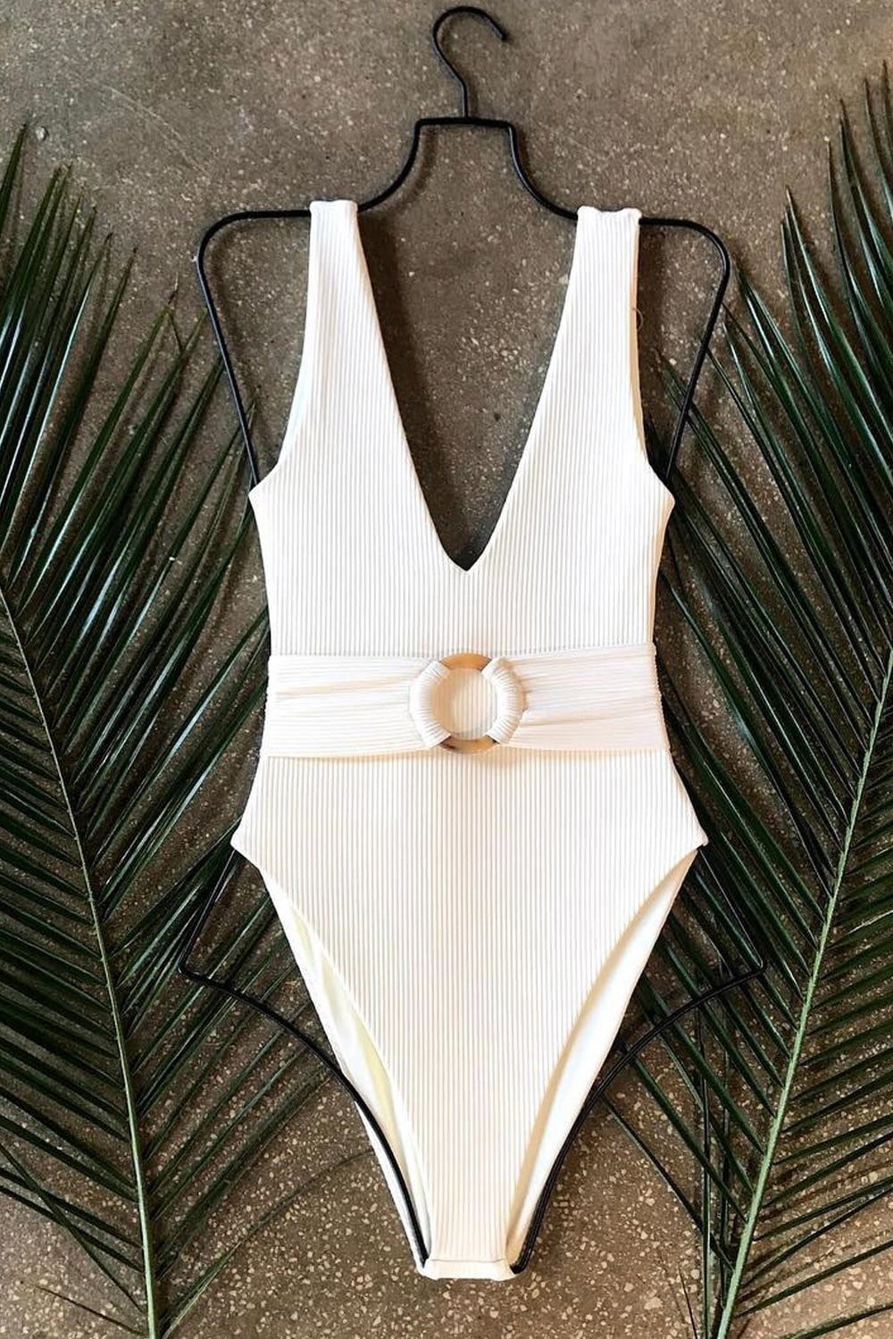 White Ribbed O-Ring Belted One Piece Swimsuit