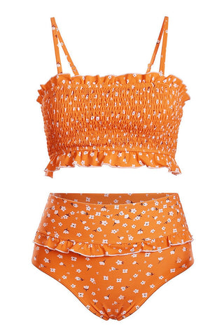 Braguita de bikini de cintura alta con ribete de volantes y flores de color naranja