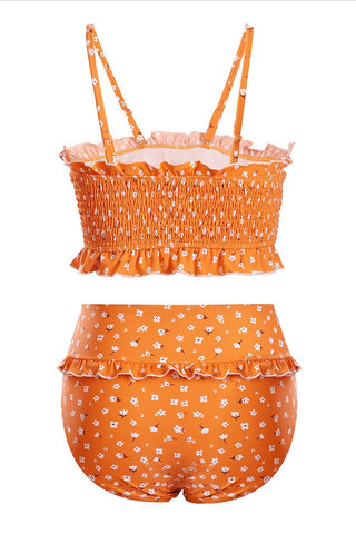 Braguita de bikini de cintura alta con ribete de volantes y flores de color naranja