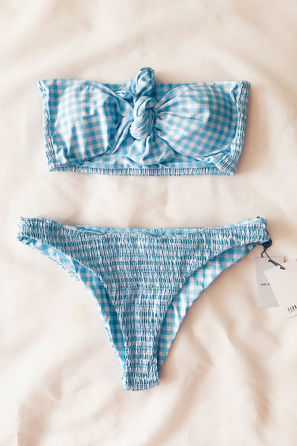 Blue White Gingham Tie Up Bow Bandeau Smocked Bikini Top