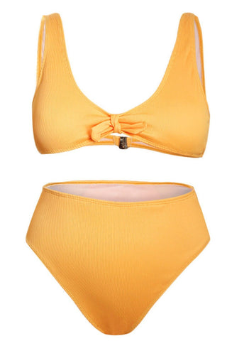 Parte superior de bikini con lazo en la parte delantera y canalé de color naranja